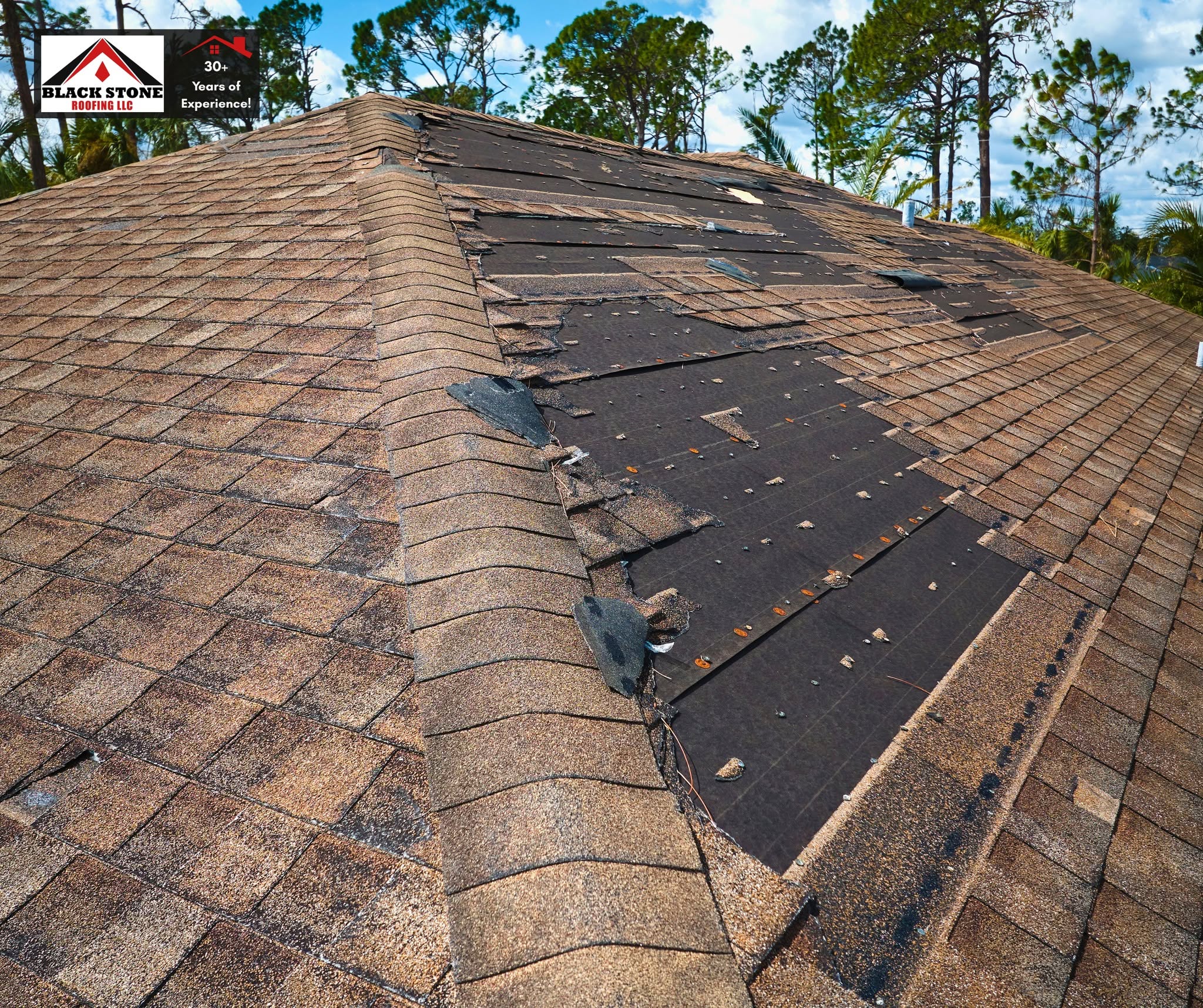 Wind damaged asphalt shingle roof with torn shingles, the kind of storm damage Black Stone Roofing repairs